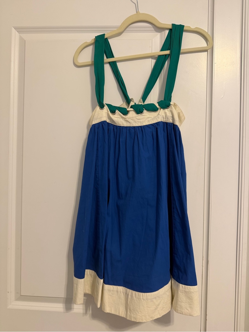 Anthropologie Blue Dress with Cream Trim and Green Straps